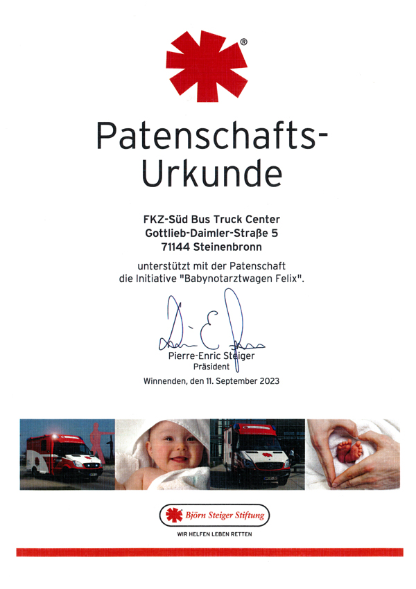 Patenschaftsurkunde Babynotarztwagen Felix